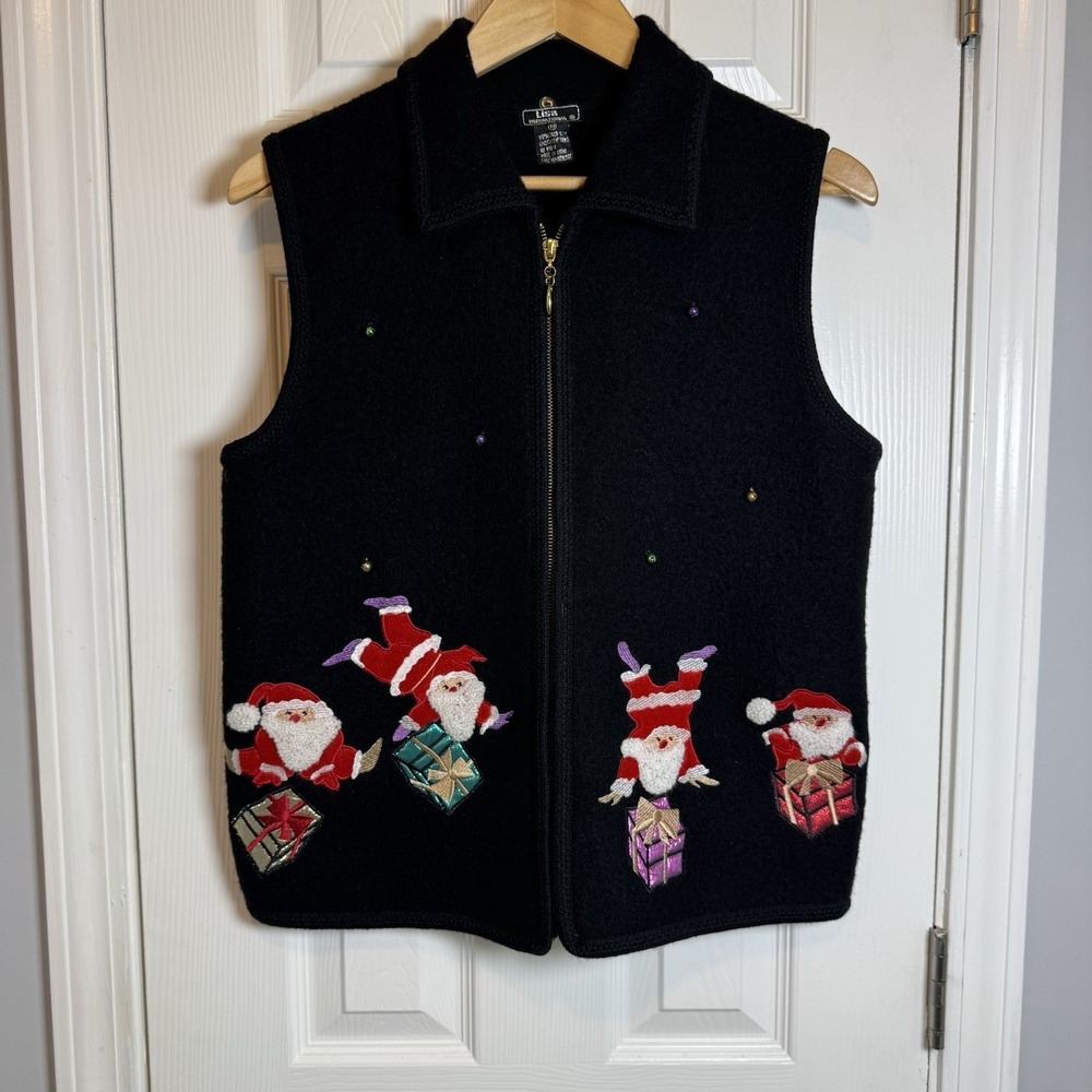 LISA INTERNATIONAL‎ Boiled Wool SANTA Christmas Zippered Vest Womens M Black